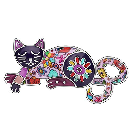 DUOWEI Alloy Emaille Süß Sleeping Kitten Cat Brooch Floral Haustier Pin Schal Kleidung Schmuck Geschenk für Frauen Mädchen (Lila) von DUOWEI