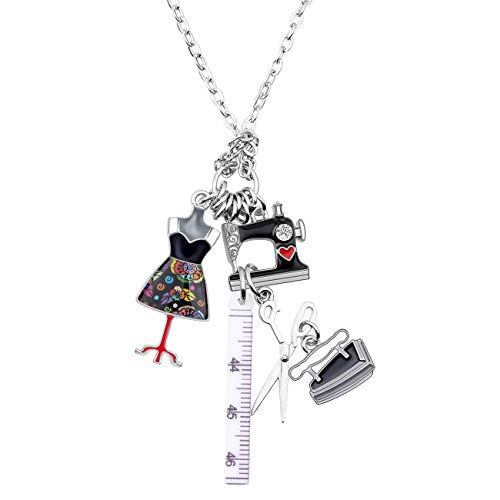 DUOWEI Schneider Nähmaschine Halskette Einzigartige Floral Emaille Nähen Tools Themed Anhänger Schmuck für Frauen Mädchen Charms Geschenk (Schwarz) von DUOWEI