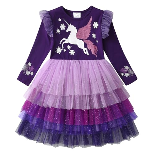 DXTON Kinder Mädchen Kleider Tüll Kleid Prinzessin Einhorn Kleid Langarm Kleidung Winter ViolettLh2212 3T von DXTON