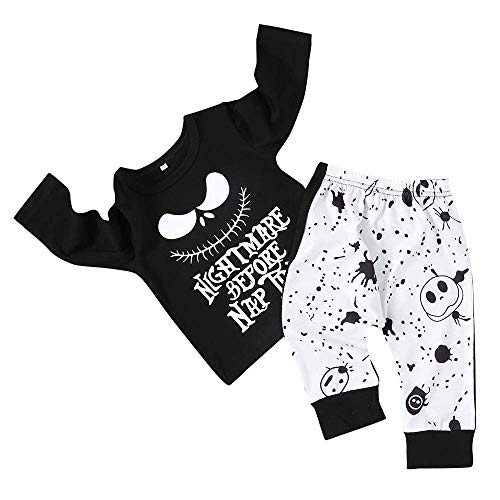 DaceStar 2 Stücke Baby Pyjamas Set Kleinkind Infant Jungen Mädchen Kleidung Nightmare Before Nap Time Langarm T-Shirt Tops + Schädel Hosen Chirstmas Outfit Set(18-24Monate) Schwarz von DaceStar