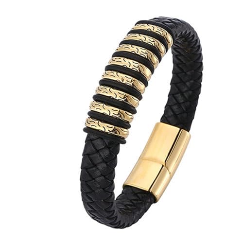 Daesar Armband Leder Schwarz Gold Herren mit Magnetverschluss, Lederärmbander 12MM Geflochten mit Geometrie Charm Armband Personalisiert Freundschaftarmband Jungs 18.5CM von Daesar