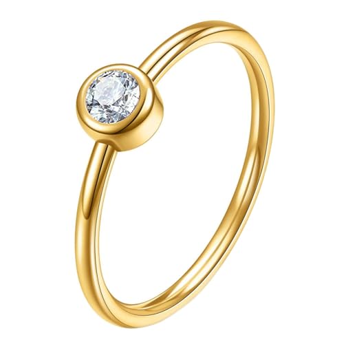 Daesar Damen Ring Personalisiert, Edelstahl Ringe Solitär mit 5MM Zirkonia Gold Ring Große 52 (16.6) von Daesar