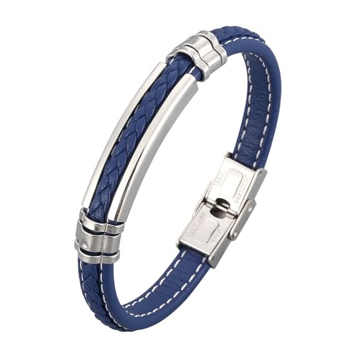 Daesar Lederarmband Herren Blau 20.5CM, Charm Armbänder mit Geometrie Breit 8MM Edelstahl Sicherheitsverschluss Partner Armband Personalisiert von Daesar