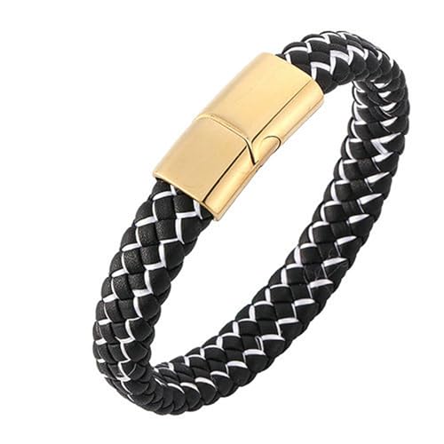 Daesar Lederarmband Herren mit Magnetverschluss, Charm Armbänder Leder Geflochten mit Weiß Gestreift Partnerarmband Edelstahl Armband Schwarz Weiß Leder 18.5CM von Daesar