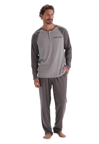 Dagi Men's Anthracite Half-Plot Long Sleeve Cotton Modal T-Shirt & Trousers Pyjama Set, Anthracite,S von Dagi