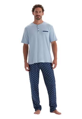 Dagi Men's Blue Half-Plot Pocket Detailed Short Sleeve Knitted T-Shirt & Trousers Pyjama Set, Blue,3XL von Dagi