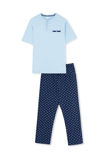 Dagi Men's Blue Half-Plot Pocket Detailed Short Sleeve Knitted T-Shirt & Trousers Pyjama Set, Blue,XL von Dagi