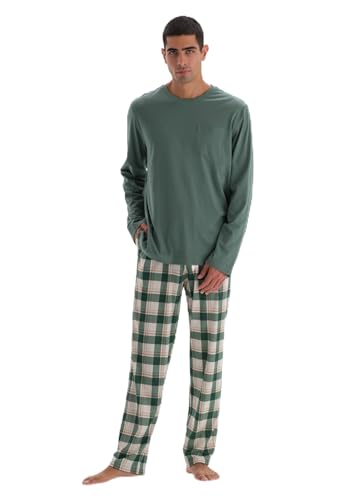 Dagi Men's Green Crew-Neck Long Sleeve Pocket Detailed Cotton Modal T-Shirt & Trousers Pyjama Set, Green,M von Dagi