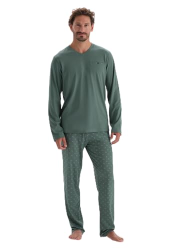 Dagi Men's Green V-Neck Long Sleeve Cotton Modal T-Shirt & Trousers Pyjama Set, Green,3XL von Dagi