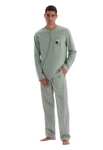 Dagi Men's Mint Green Long Sleeve Print Detailed T-Shirt & Trousers Pyjama Set with Half-Plot, Mint Green,S von Dagi