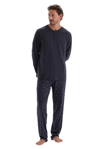 Dagi Men's Navy Long Sleeve Half-Plot Print Knitted T-Shirt & Trousers Pyjama Set, Navy,3XL von Dagi