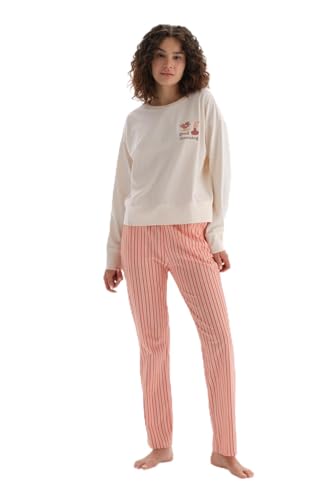 Dagi Women's Ecru Embroidery Detailed Long Sleeve T-Shirt & Trousers Pyjama Set, Ecru,S von Dagi