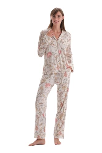 Dagi Women's Ecru Long Sleeve Size Printed Shirt Pants Pajamas Suit, Ecru,M von Dagi