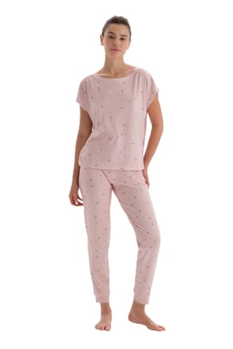 Dagi Women's Light Pink Microprint Printed Knitted T-Shirt & Trousers Pyjama Set, Light Pink,M von Dagi