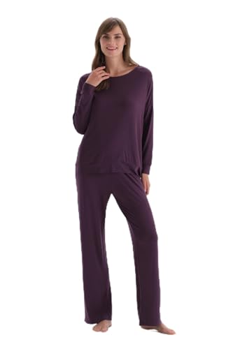 Dagi Women's Purple Boat Neck Long Sleeve Cotton Modal Knitted Regular Fit T-Shirt & Trousers Pyjama Set, Purple,S von Dagi