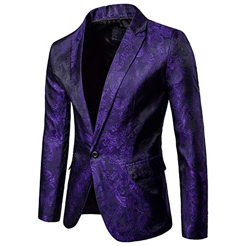 DAIHAN Herren Paisley Jacquard Sakkos Blazer Slim Fit Gold Pailletten Anzugjacke Party Smoking Performance Kostüm Mantel Violett M von DAIHAN