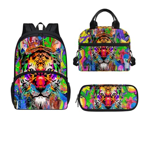 Dajingkj Buntes Tigergesicht Schulranzen Set Jungen Mädchen ab 1. Klasse Schulranzen Set 3-Teilig mit Federmäppchen Lunchbag Grundschule Schulrucksack für Kinder Ranzen für Schule und Reise von Dajingkj