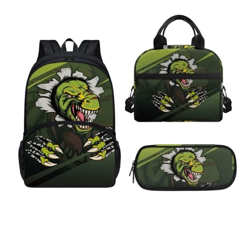 Dajingkj Gruselige Dinosaurier Schulrucksack Teenager Mädchen Jungen Kinder Grün Schulranzen Set mit Lunchbag und Federmappe Rucksack Büchertasche für Grundschule Mittelschule von Dajingkj