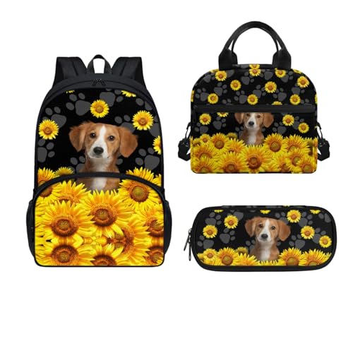 Dajingkj Hund Sonnenblume Schulranzen Set Jungen Mädchen ab 1. Klasse Schulranzen Set 3-Teilig mit Federmäppchen Lunchbag Grundschule Schulrucksack für Kinder Ranzen für Schule Geschenke von Dajingkj