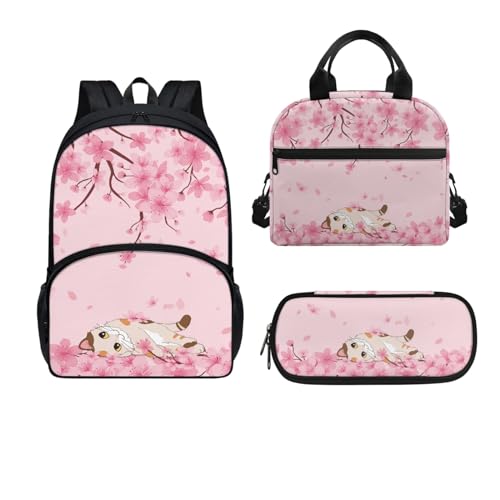 Dajingkj Katze & Kirschblüte Schulrucksack Teenager Mädchen Jungen Kinder Rosa Schulranzen Set mit Lunchbag und Federmappe Rucksack Büchertasche für Grundschule Mittelschule von Dajingkj