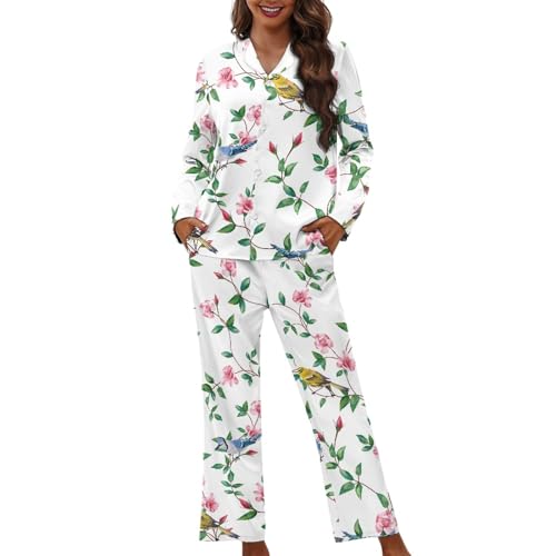 Dajingkj Schlafanzüge für Damen Herren Pyjama Set Unisex V-Ausschnitt Nachtwäsche mit Taschen Familien Schlafanzug Niedlich Partner Pjs Set Lang Knopfleiste Vorne von Dajingkj