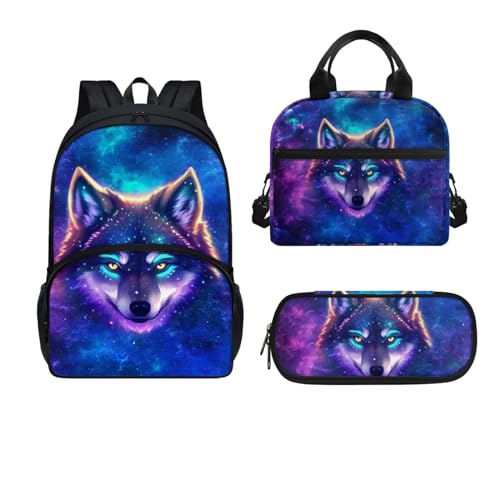 Dajingkj Schulrucksack Teenager Mädchen Jungen Kinder Leuchtender Wolf Schulranzen Set mit Lunchbag und Federmappe Rucksack Büchertasche für Grundschule Mittelschule von Dajingkj