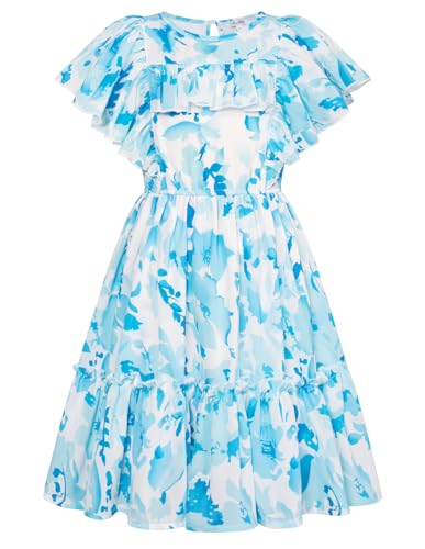 Danna Belle Mädchen Kleid 122 Chiffon Floral Sommer Festlich Partykleid Elegant Prinzessinkleid Urlaubskleider Freizeitkleid Kinder ALinien Kurzarm Kleid Blau von Danna Belle