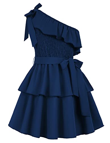 Mädchen Kleid 128 Kinder Partykleid 134 Elegant Festlich Sommer Freizeitkleid Prinzessin Ärmellos eine-Schulter A-Linien Kleid urlaubskleider ballkleid Abendkleid Blau von Danna Belle