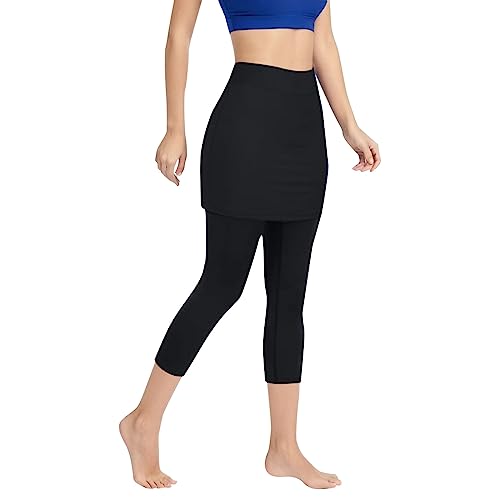 7/8 Länge Leggings mit Rock Damen Tennis Sport Leggings mit Handytasche High Waist Caprihose Sportleggings Elastisch Bauchweg Tennisrock mit Hose Rockhose für Yoga Golfkorts Workout (Schwarz, XL) von Dantazz