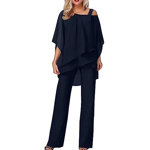 Damen Hosenanzug Elegant 2-Teiliges 3/4 Batwing Ärmel Unregelmäßiger Shirts + Hohe Taille Weites Bein Hose Zweiteiler Sets Hochzeit Festlich Abendanzug Einfarbig Freizeitanzug Outfit (Marine, S) von Dantazz