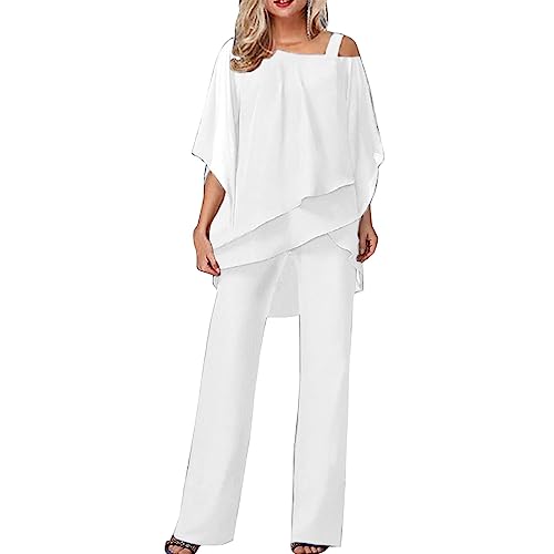 Damen Hosenanzug Elegant 2-Teiliges 3/4 Batwing Ärmel Unregelmäßiger Shirts + Hohe Taille Weites Bein Hose Zweiteiler Sets Hochzeit Festlich Abendanzug Einfarbig Freizeitanzug Outfit (Weiß, XXXL) von Dantazz