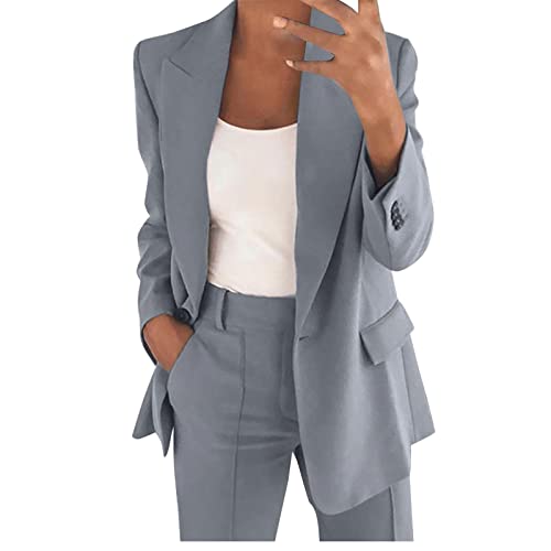 Damen Hosenanzug Zweiteiler Elegant Business Anzug Set 2-Teiliges Revers Büro Blazer und Hohe Taille Hose Slimfit Festlich Sportlich Streetwear Outfit Herbst Anzugjacke und Anzughosen (Grau, S) von Dantazz