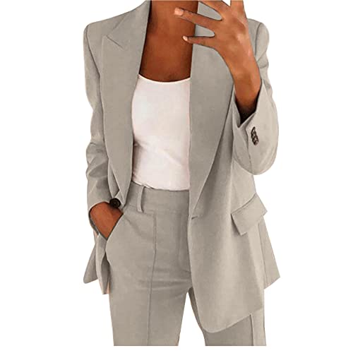 Damen Hosenanzug Zweiteiler Elegant Business Anzug Set 2-Teiliges Revers Büro Blazer und Hohe Taille Hose Slimfit Festlich Sportlich Streetwear Outfit Herbst Anzugjacke und Anzughosen (Hellgrau, XL) von Dantazz