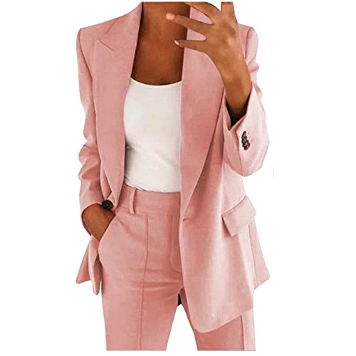 Damen Hosenanzug Zweiteiler Elegant Business Anzug Set 2-Teiliges Revers Büro Blazer und Hohe Taille Hose Slimfit Festlich Sportlich Streetwear Outfit Herbst Anzugjacke und Anzughosen (Rosa, M) von Dantazz