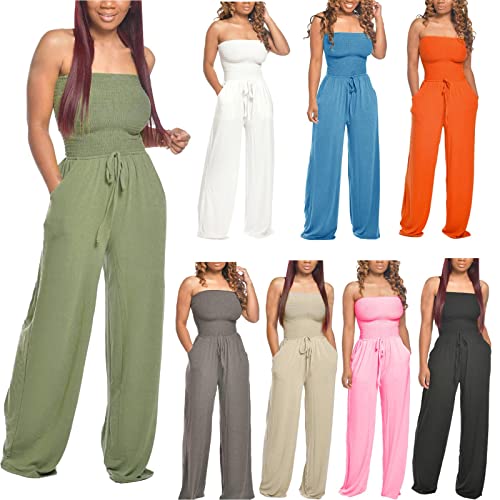 Damen Jumpsuit Sommer Elegant Hosenanzug für Hochzeit Festliche Sexy Schulterfrei Bandeau Overall Lang Weites Bein Spielanzug mit Taschen High Waist Trägerloser Baggy Playsuit Rompers (01 Schwarz, S) von Dantazz