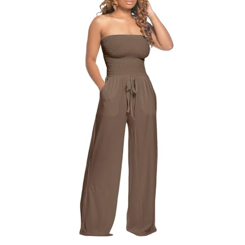 Damen Jumpsuit Sommer Elegant Hosenanzug für Hochzeit Festliche Sexy Schulterfrei Bandeau Overall Lang Weites Bein Spielanzug mit Taschen High Waist Trägerloser Baggy Playsuit Rompers (Braun, L) von Dantazz