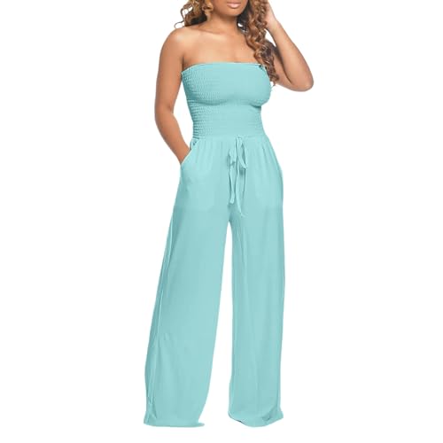 Damen Jumpsuit Sommer Elegant Hosenanzug für Hochzeit Festliche Sexy Schulterfrei Bandeau Overall Lang Weites Bein Spielanzug mit Taschen High Waist Trägerloser Baggy Playsuit Rompers (Hellblau, L) von Dantazz