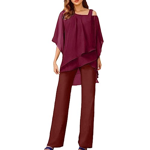 Dantazz Damen Hosenanzug Elegant 2-Teiliges 3/4 Batwing Ärmel Unregelmäßiger Shirts + Hohe Taille Weites Bein Hose Zweiteiler Sets Hochzeit Festlich Abendanzug Einfarbig Freizeitanzug Outfit (Rot, M) von Dantazz