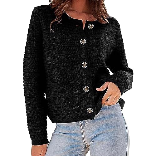 Dantazz Damen Strickjacke Kurz Wollcardigan Warm V-Ausschnitt Strickcardigan Mode Einfarbig Strickpullover mit Knopf Herbst Winter Strick Cardigan Oberteil Elegant Pullover Tops (T-Schwarz, XL) von Dantazz