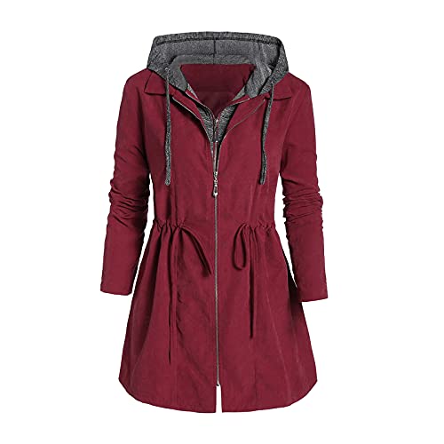 Dantazz Damen Wintermantel Lang Tunika Kapuzenjacke Einfarbig Hoodie Mantel Casual Kapuzenmantel Reißverschluss Herbst Winter Parka Winddicht Übergangsjacke Damen Oberbekleidung (Rot, XL) von Dantazz