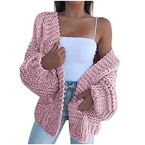 Dantazz Damen Y2K Strickjacke Lang Grobstrickjacke Oversize Cardigan Strickmantel mit Zopfmuster Casual Lose Strickcardigan Open Front Strickpullover Herbst Winter Outerwear (Rosa, L) von Dantazz