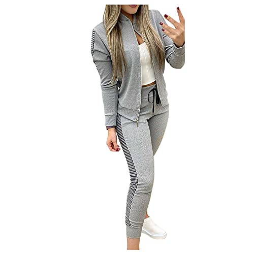 Dantazz Jogginganzug Damen Pailletten Trainingsanzug Zweiteiler Bomberjacke + Slim Hose Set Stehkragen Zipper Jacke Tracksuit mit Glitzer Fashion Sportanzug Streetwear Lässige Hausanzug (01-Grau, L) von Dantazz