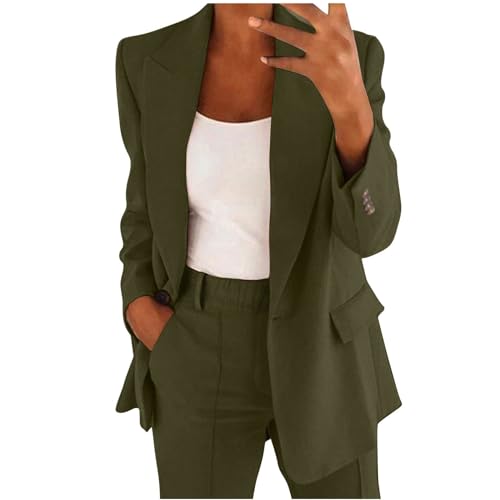 Hosenanzüge für Damen Business Modern Elegant Blazer Anzug Set Einfarbig Streetwear Zweiteilig Hosenanzug Anzughose Revers Slim Fit Sportlich Büro Outfit Anzugjacke Sommer Freizeitanzug (Grün, XL) von Dantazz