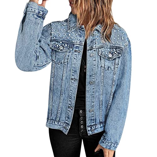 Jeansjacke Damen Lang Blau Denim Jacke mit Perlen und Strass Knopfleiste Casual Jeans Mantel mit Tasche Langarm Lose Jeansjacken Herbst Winter Übergangsjacke Mode Outwear Streetwear (Blau, M) von Dantazz