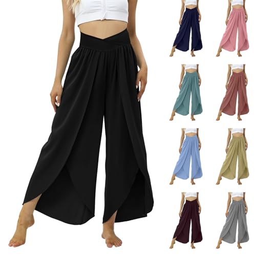 Leichte Sommerhose 7/8 Damen High Waist Plissee Palazzo Hose Leicht und Luftig Hosenrock V Taille Culottes Hosen Rüschen Weites Bein Wickelhose mit Schlitz Yogahose Haremshosen (01 Schwarz, XXL) von Dantazz