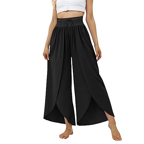 Leichte Sommerhose 7/8 Damen High Waist Plissee Palazzo Hose mit Gummizug Leicht und Luftig Hosenrock Culottes Hosen Rüschen Weites Bein Wickelhose mit Schlitz Yogahose Haremshosen von Dantazz