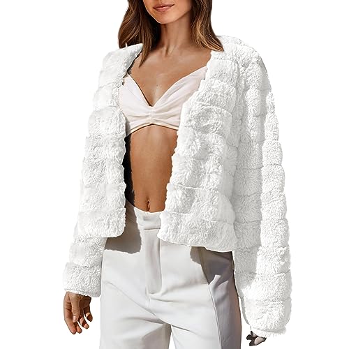 Plüschjacke Damen Kurz Kunstfell Cardigan Felljacke Warm Pelzjacke Faux Pelz Übergangsjacke Elegante Teddyfell Jacke Kurzjacke Herbst Winter Flauschjacke Teddyjacke Streetwear (Weiß, M) von Dantazz