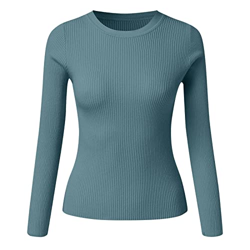 Thermo Oberteil für Damen Rundhals Strickpullover Gerippte Tshirts Unterhemd Basic Einfarbig Langarmshirt Enger Gestrickt Pullover Langarm Thermounterwäsche Herbst Winter Warme (Dunkelblau, OneSize) von Dantazz