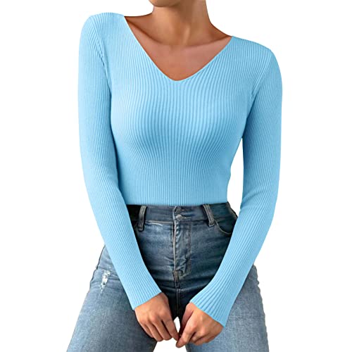 Thermo Oberteil für Damen V-Ausschnitt Strickpullover Gerippte Tshirts Unterhemd Basic Einfarbig Langarmshirt Enger Gestrickt Pullover Langarm Thermounterwäsche Herbst Winter Warme Top von Dantazz