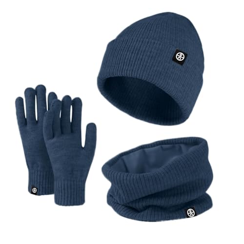 Warme Mütze Schal Handschuhe Sets Dicke Gefüttert Strickmütze Loop Schal Touchscreen Handschuhe Winterset Unisex Wintermütze Halswärmer Kombiset Thermo Winterzubehör Wintergeschenk (X1-Blau, onesize) von Dantazz